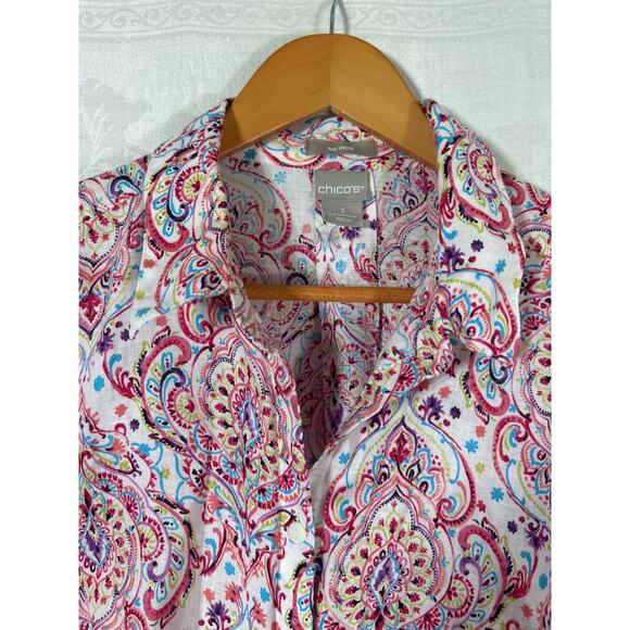 Chicos Button Up 3 XL Pink Paisley 100% Linen Long Line 3/4 Sleeve - Picture 5 of 10